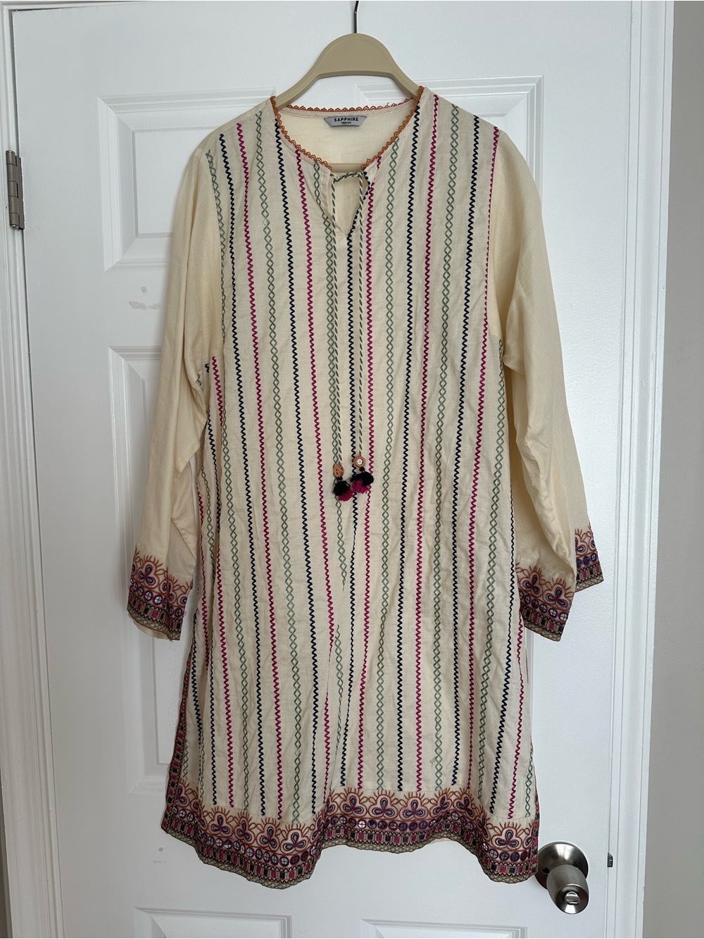 Sapphire - Cream Embroidered Striped Kurta with Tassel Ties